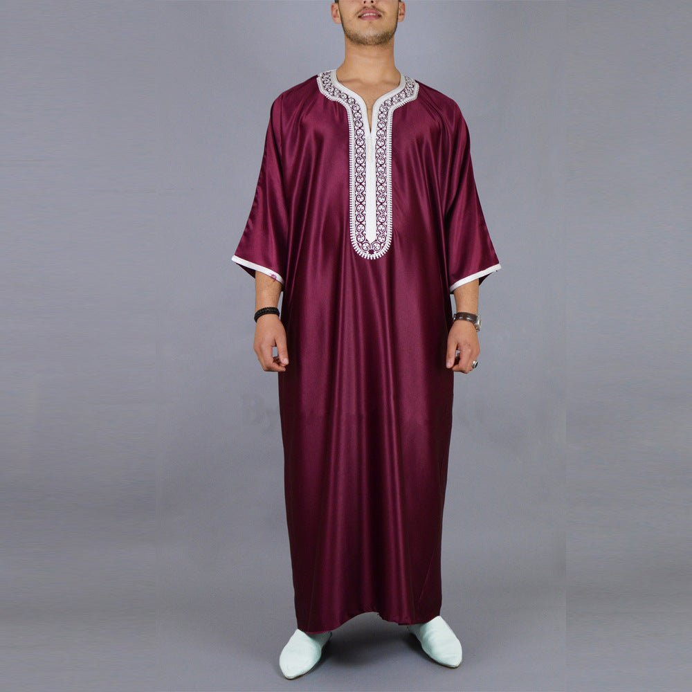 Premium Embroidered Men's Thobe Luxury Loose Fit V - Neck Muslim Robe with Handcrafted White Embroidery. (MT025) - Mariam's Collection