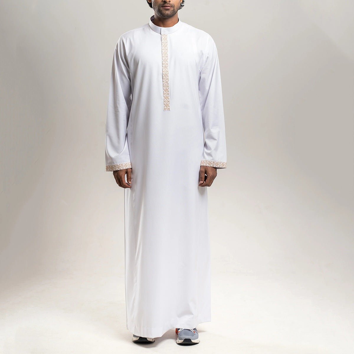 Premium Embroidered Stand Collar Thobe Navy & White Loose Fit Muslim Robe with Gold Stitching - Modest Casual Wear. (MT034) - Mariam's Collection