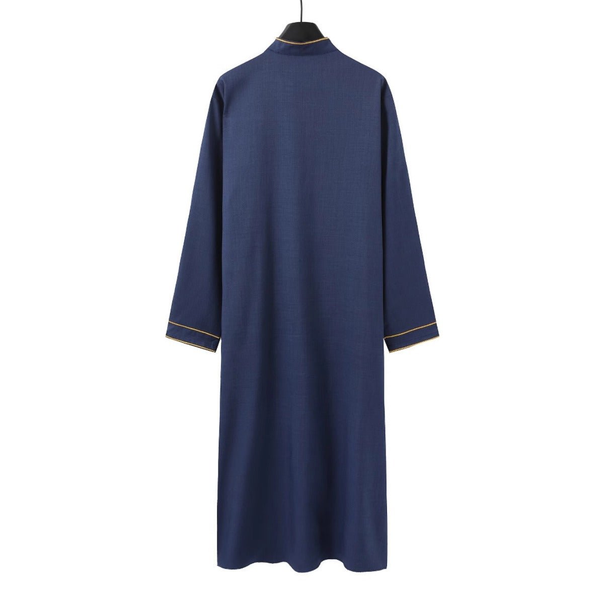 Premium Embroidered Stand Collar Thobe Navy & White Loose Fit Muslim Robe with Gold Stitching - Modest Casual Wear. (MT034) - Mariam's Collection