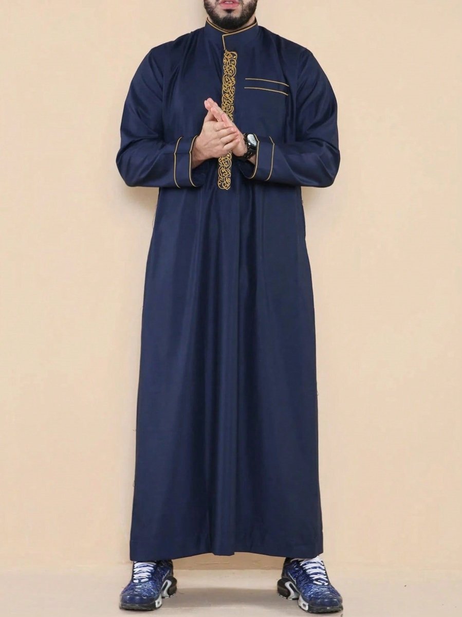 Premium Embroidered Stand Collar Thobe Navy & White Loose Fit Muslim Robe with Gold Stitching - Modest Casual Wear. (MT034) - Mariam's Collection