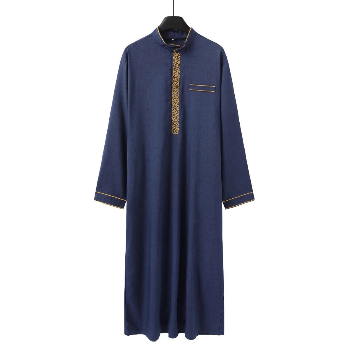 Premium Embroidered Stand Collar Thobe Navy & White Loose Fit Muslim Robe with Gold Stitching - Modest Casual Wear. (MT034) - Mariam's Collection
