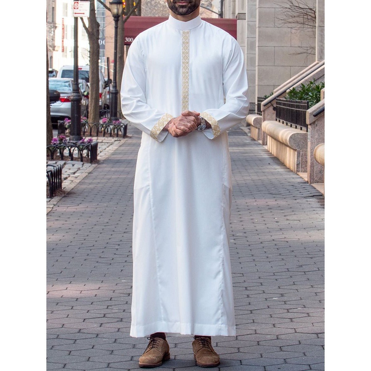 Premium Embroidered Stand Collar Thobe Navy & White Loose Fit Muslim Robe with Gold Stitching - Modest Casual Wear. (MT034) - Mariam's Collection