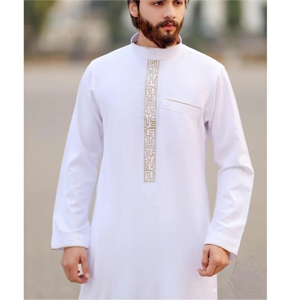 Premium Gold Islamic Geometric Print Men's Thobe Long Robe with Stand Collar & Side Pocket. (MT028) - Mariam's Collection