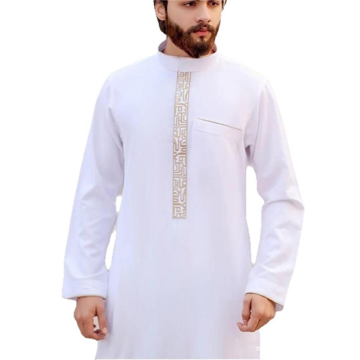 Premium Gold Islamic Geometric Print Men's Thobe Long Robe with Stand Collar & Side Pocket. (MT028) - Mariam's Collection