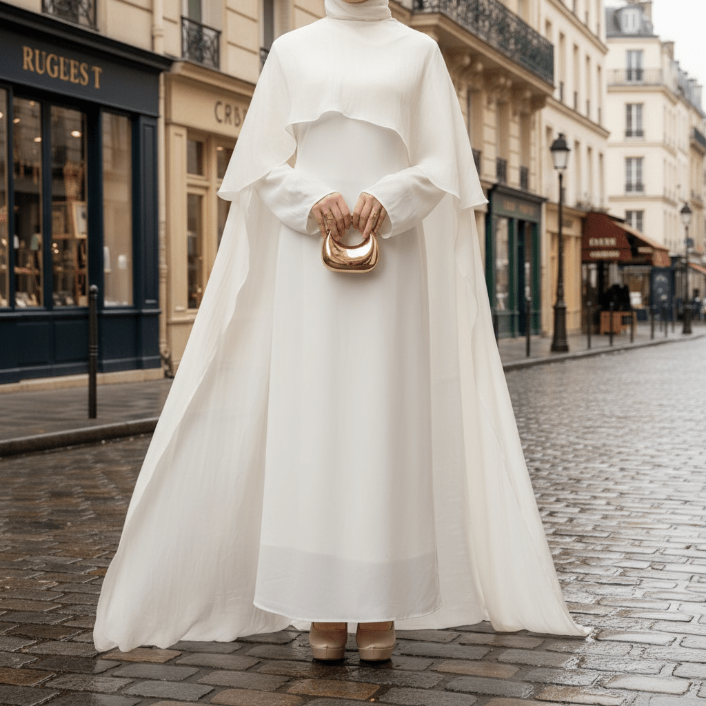 Luxury Organza Cape Abaya | A-Line Maxi Dress with Tie Belt & Sheer Overlay Cape