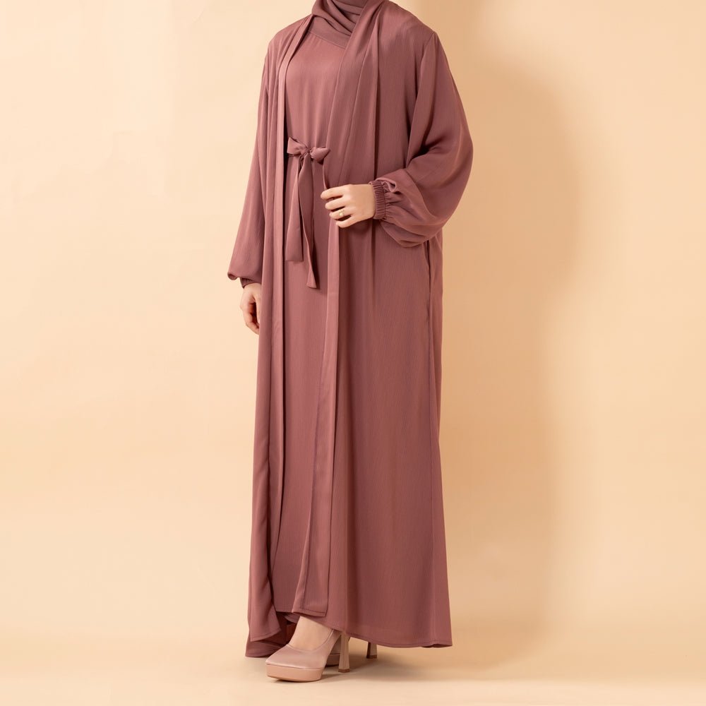 Premium Nida Zoom Open Abaya Set | 3 - Piece Textured Abaya with Pockets and Belt (MOA239) - Mariam's Collection