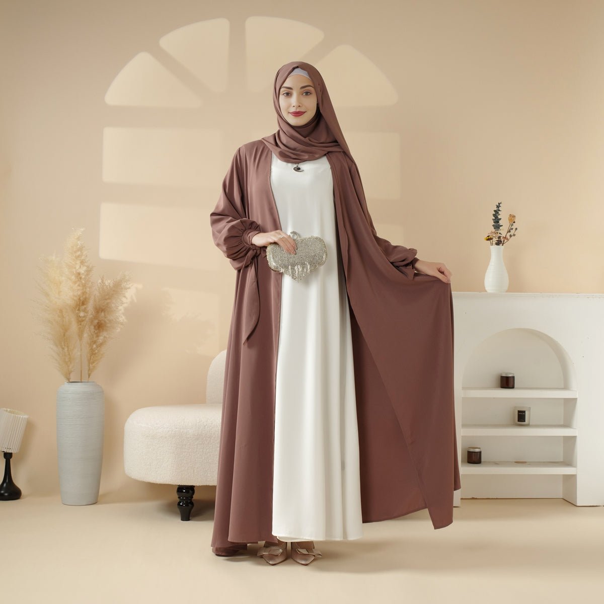 Premium Ribbon Sleeve Abaya: An Elegant Four - piece Abaya Set (MOA105) - Mariam's Collection