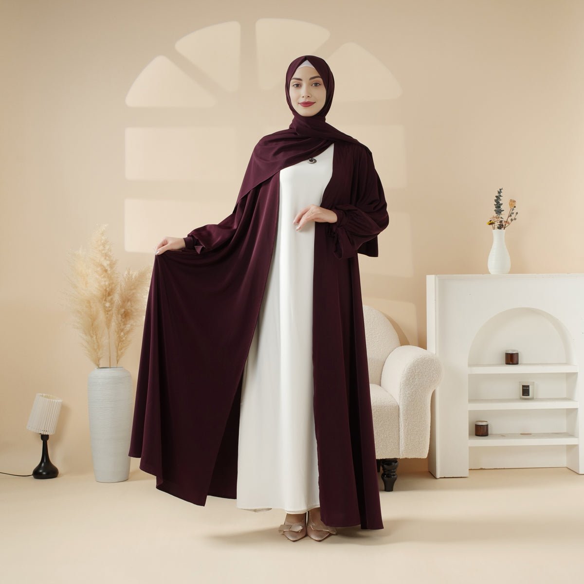 Premium Ribbon Sleeve Abaya: An Elegant Four - piece Abaya Set (MOA105) - Mariam's Collection