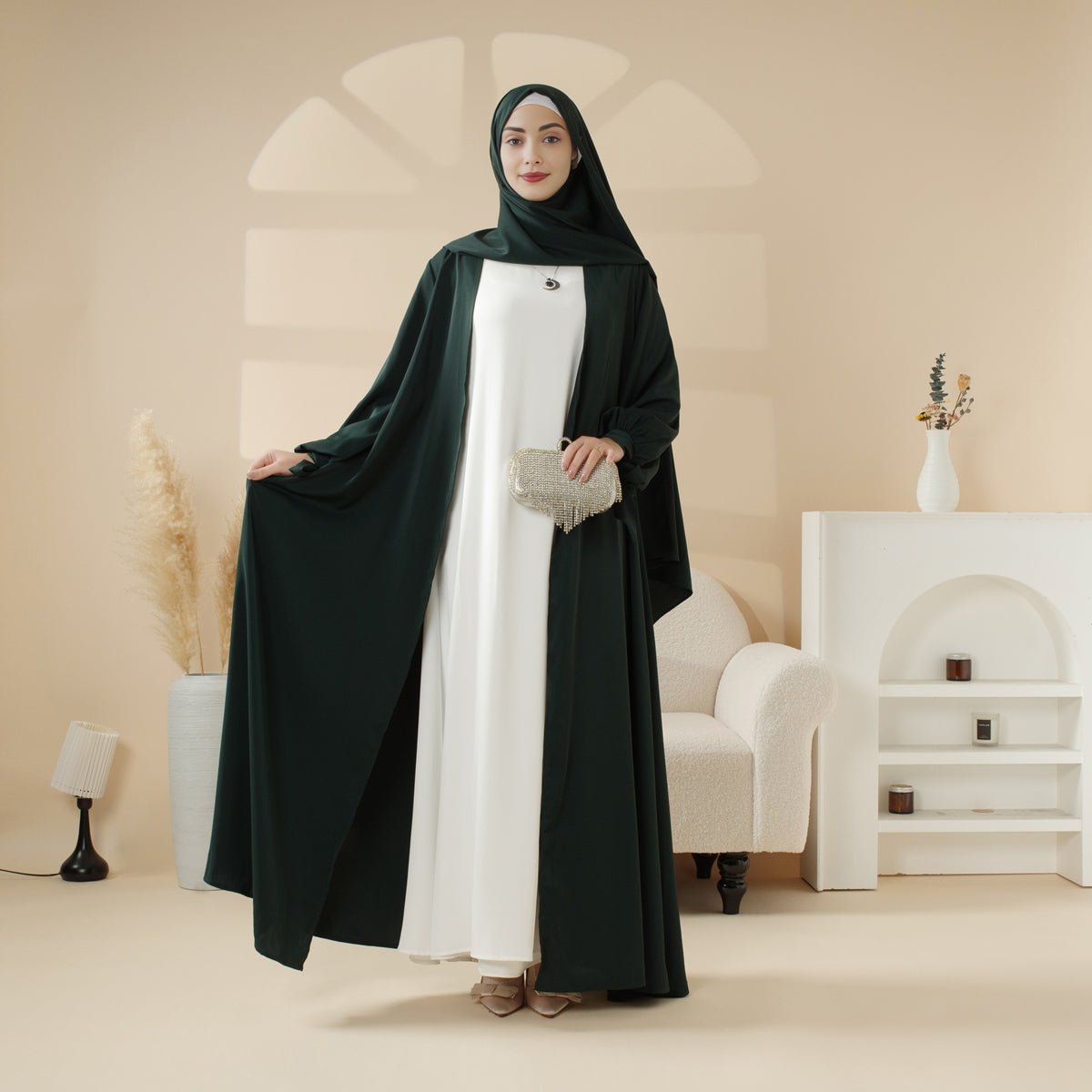 Premium Ribbon Sleeve Abaya: An Elegant Four - piece Abaya Set (MOA105) - Mariam's Collection