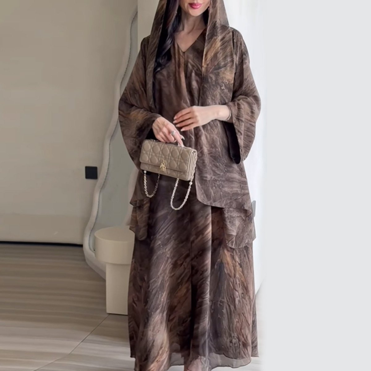 Printed Cardigan Abaya Collection | Modest Luxury Loungewear Feather - Print Robes (MOA194) - Mariam's Collection