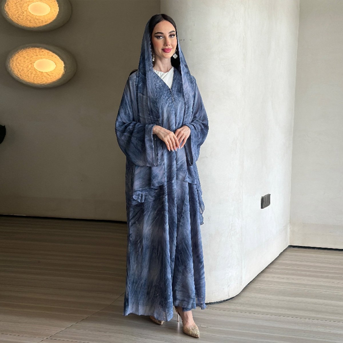 Printed Cardigan Abaya Collection | Modest Luxury Loungewear Feather - Print Robes (MOA194) - Mariam's Collection