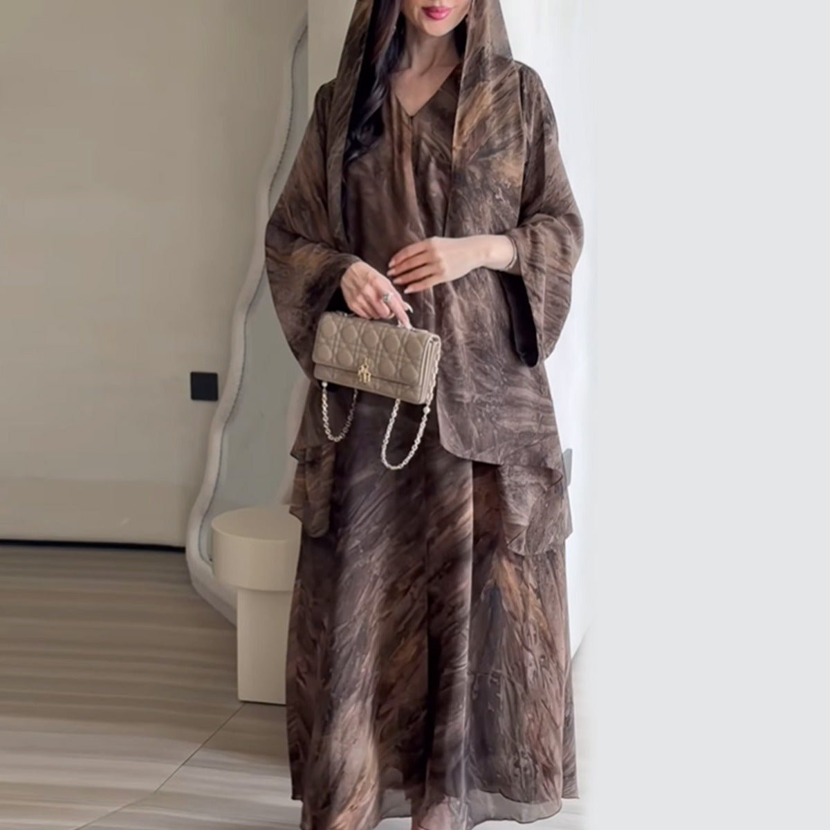 Printed Cardigan Abaya Collection | Modest Luxury Loungewear Feather - Print Robes (MOA194) - Mariam's Collection