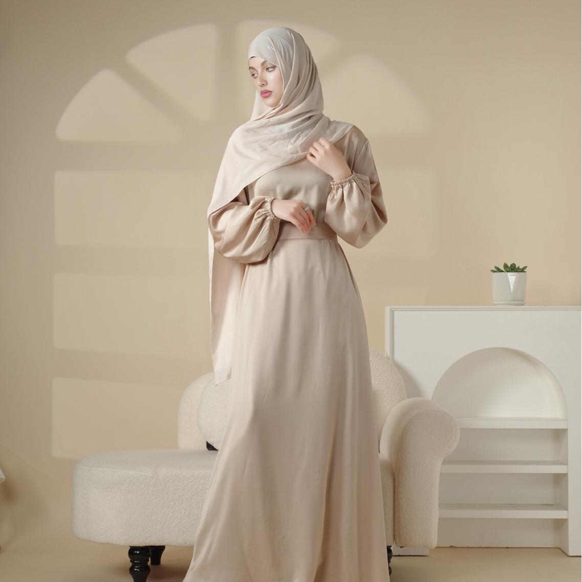Puff Sleeve Satin Abaya with Pockets 2 - Piece Set (MA031) - Mariam's Collection