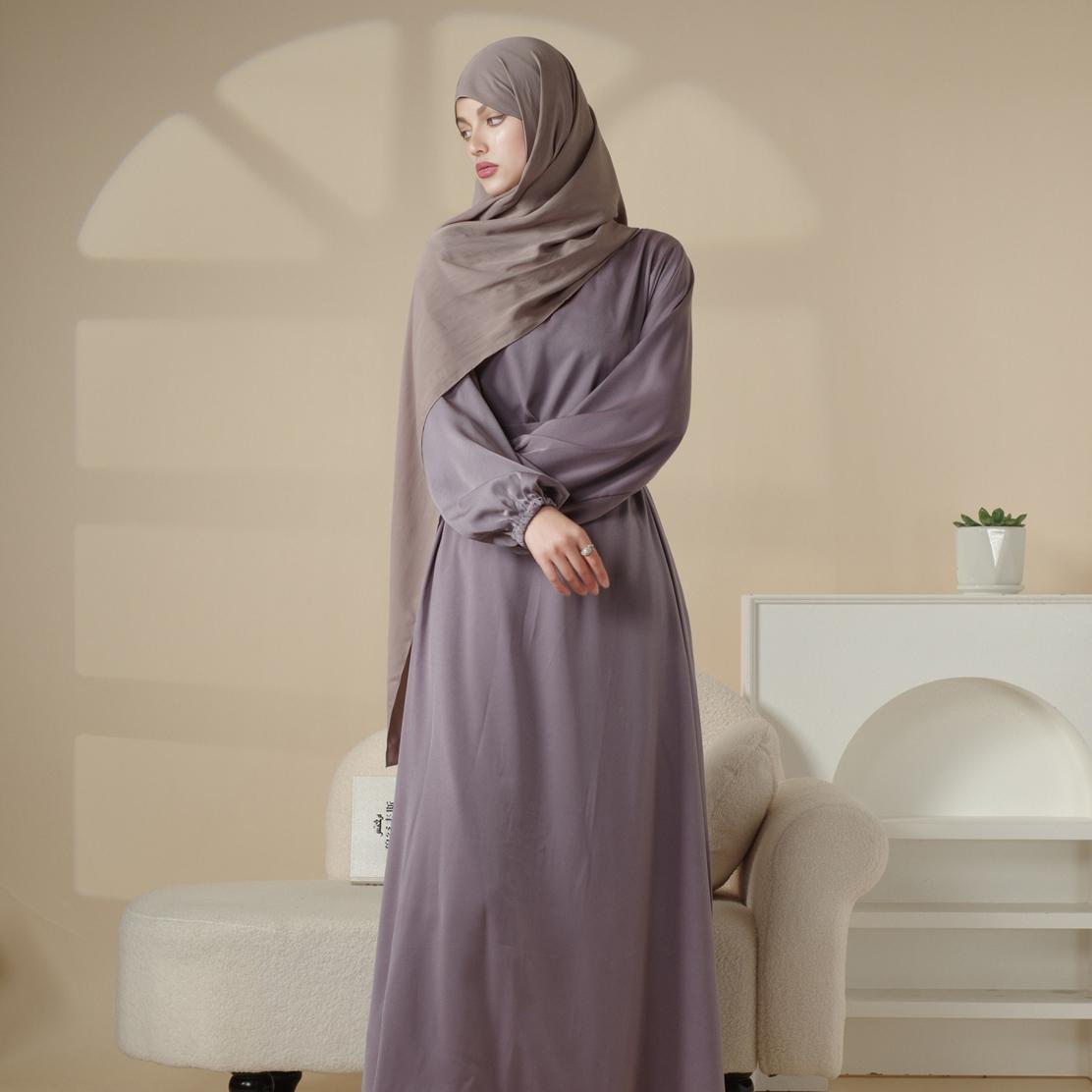 Puff Sleeve Satin Abaya with Pockets 2 - Piece Set (MA031) - Mariam's Collection