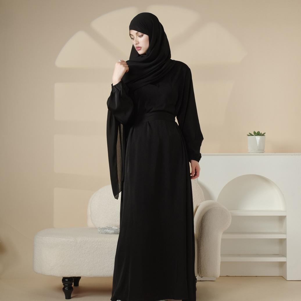 Puff Sleeve Satin Abaya with Pockets 2 - Piece Set (MA031) - Mariam's Collection