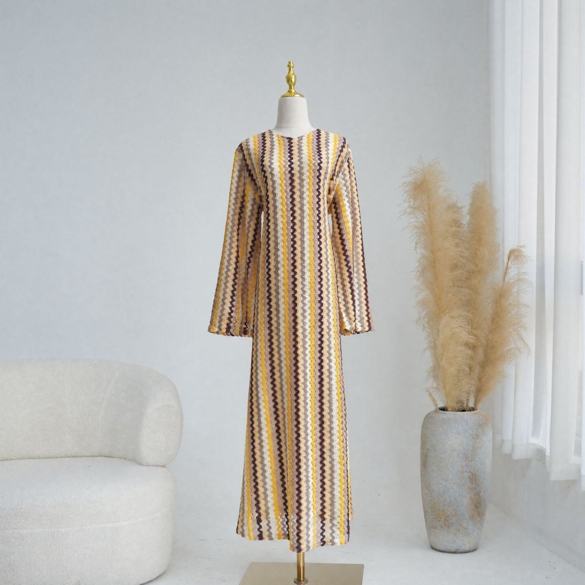 Rainbow Jacquard Flared-Sleeve Maxi Dress(MS486) - Mariam's Collection