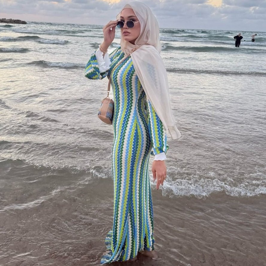 Rainbow Jacquard Flared-Sleeve Maxi Dress(MS486) - Mariam's Collection