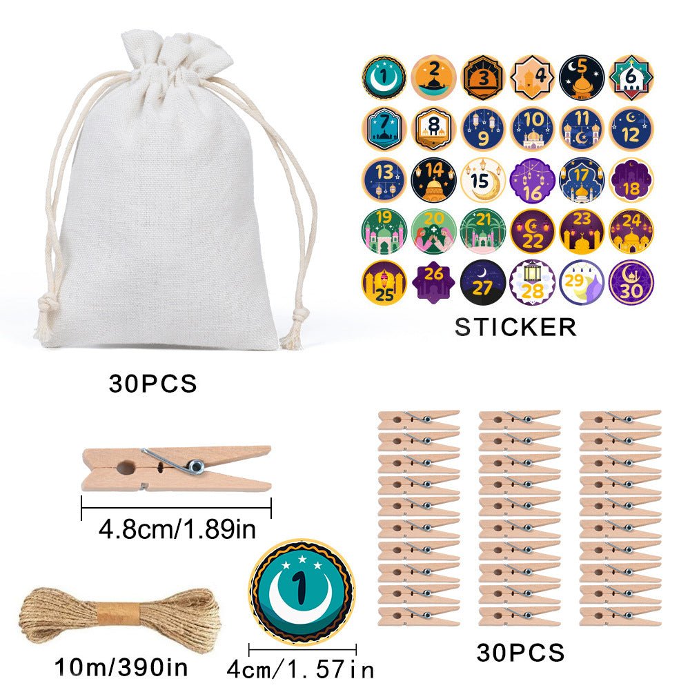 Ramadan 1–30 Countdown Calendar Gift Bag Set Drawstring Hanging Pouches (MAC385) - Mariam's Collection