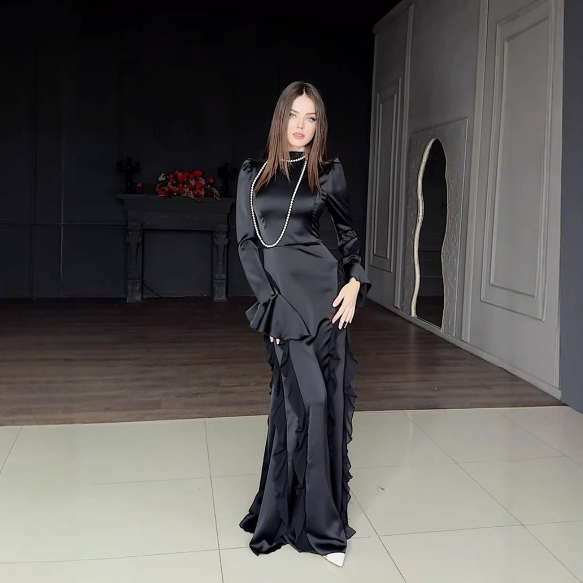 Regal Satin Court Dress Semi - Turtleneck Chiffon Lace - Up Maxi with Bell Sleeves & Tiered Ruffles. (MA235) - Mariam's Collection