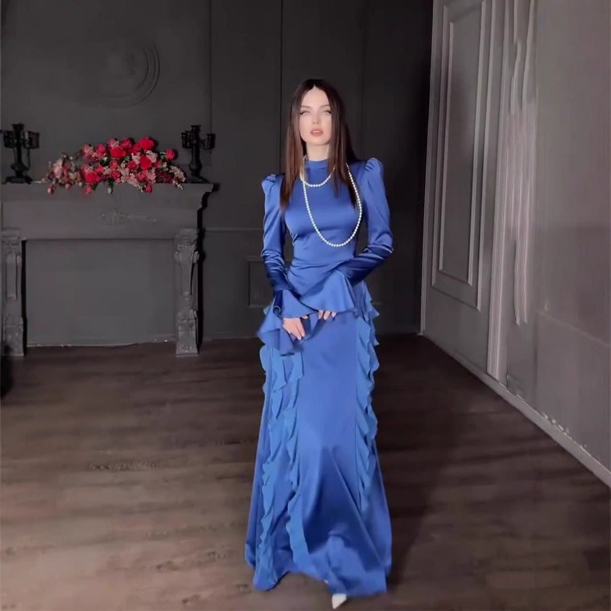 Regal Satin Court Dress Semi - Turtleneck Chiffon Lace - Up Maxi with Bell Sleeves & Tiered Ruffles. (MA235) - Mariam's Collection