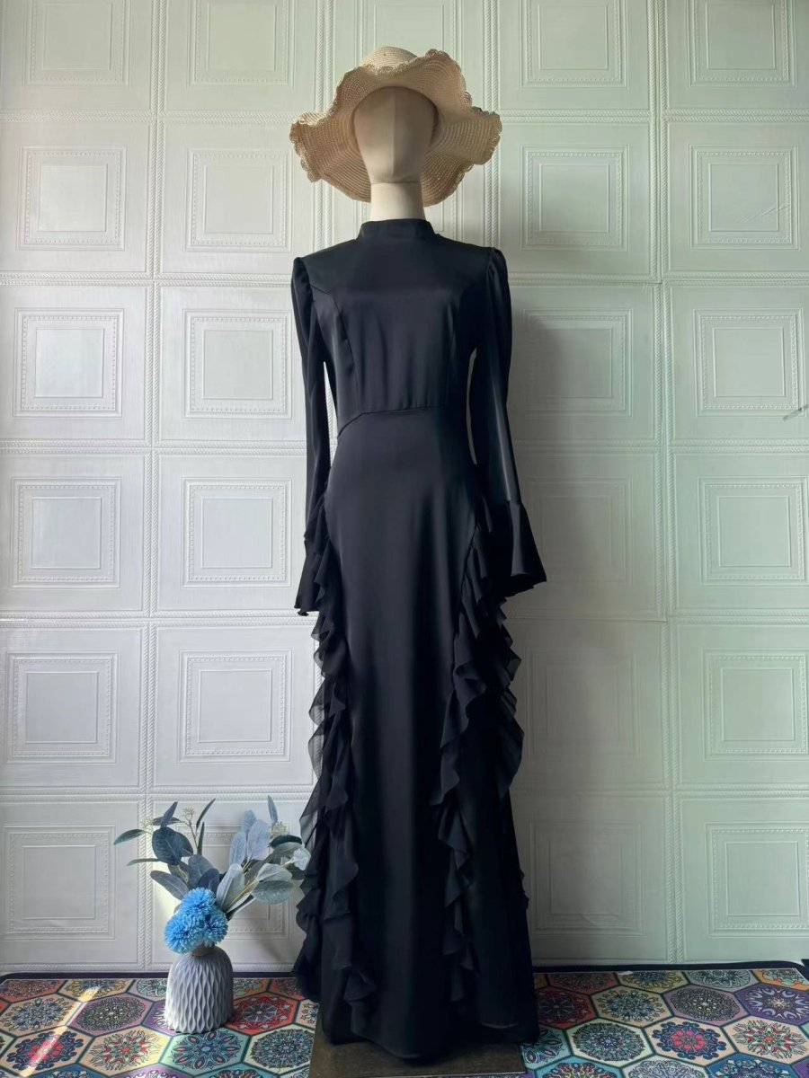 Regal Satin Court Dress Semi - Turtleneck Chiffon Lace - Up Maxi with Bell Sleeves & Tiered Ruffles. (MA235) - Mariam's Collection