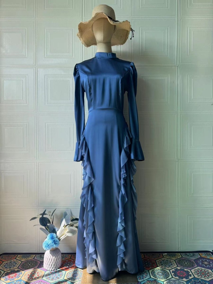 Regal Satin Court Dress Semi - Turtleneck Chiffon Lace - Up Maxi with Bell Sleeves & Tiered Ruffles. (MA235) - Mariam's Collection