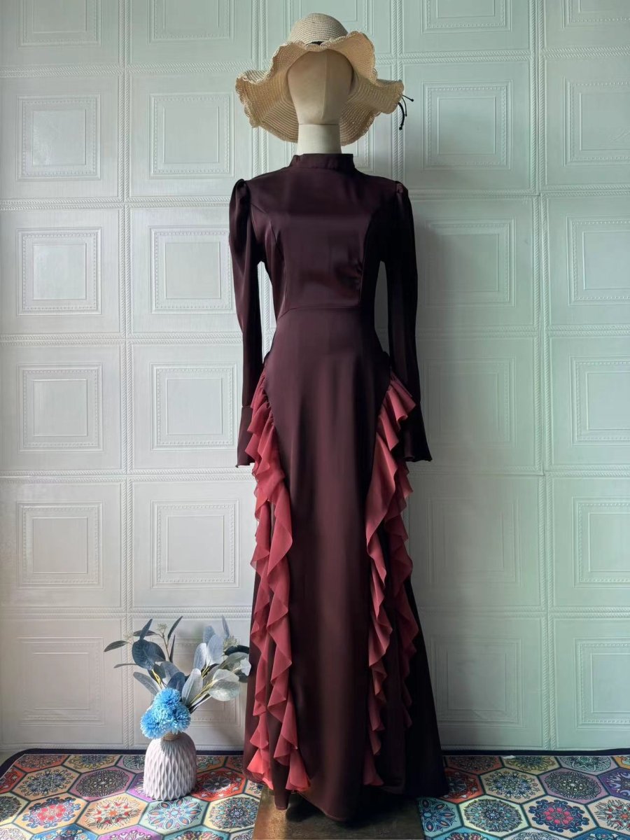 Regal Satin Court Dress Semi - Turtleneck Chiffon Lace - Up Maxi with Bell Sleeves & Tiered Ruffles. (MA235) - Mariam's Collection