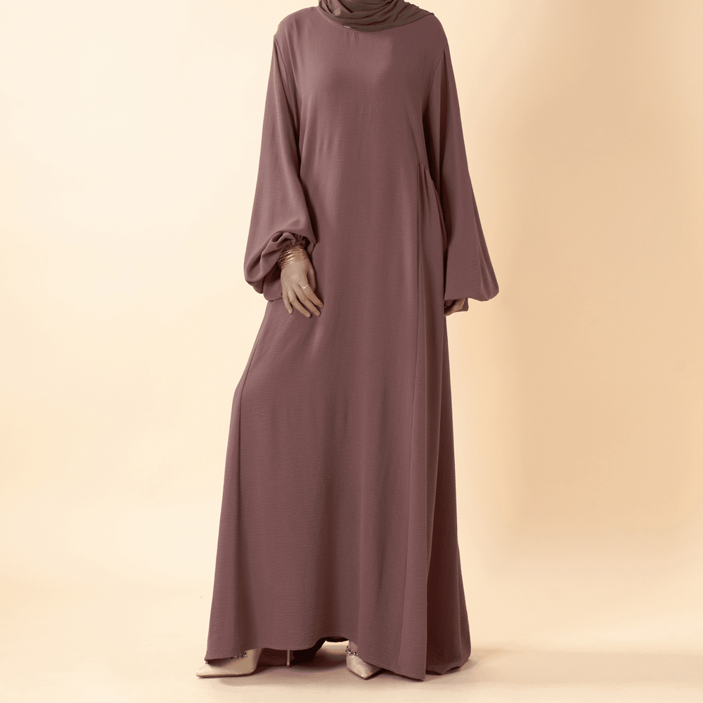 New colour variant of lantern sleeve crepe abaya — full length front
