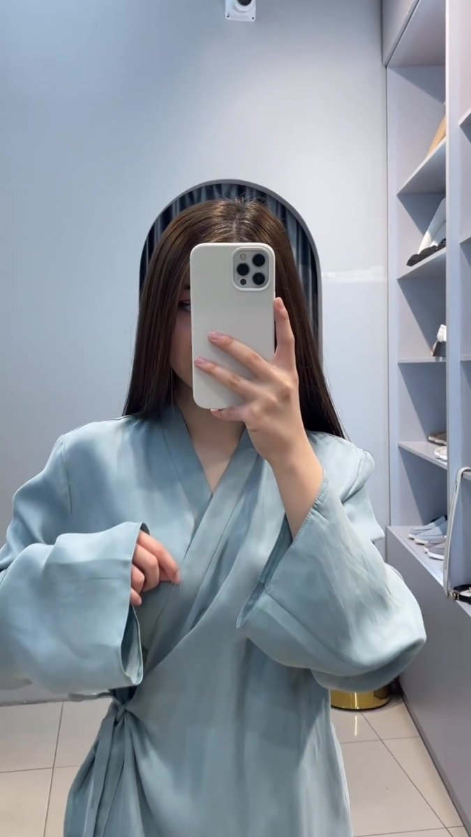 Relaxed Kimono Sleeve Sky Blue Glazed Forged Waist Pajama - Style Abaya Dress Set. (MA209) - Mariam's Collection