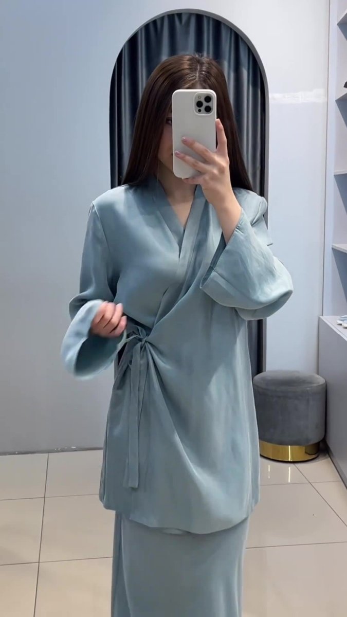 Relaxed Kimono Sleeve Sky Blue Glazed Forged Waist Pajama - Style Abaya Dress Set. (MA209) - Mariam's Collection