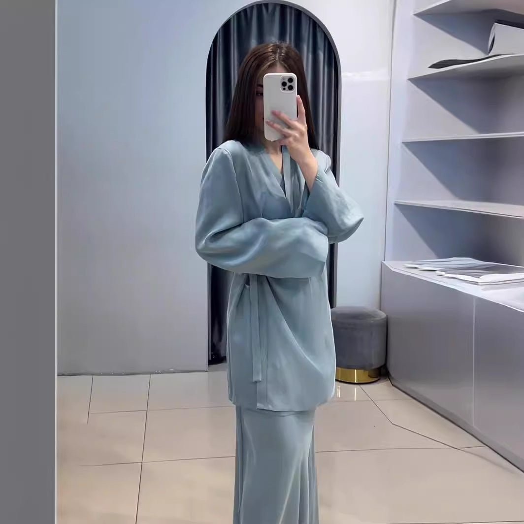 Relaxed Kimono Sleeve Sky Blue Glazed Forged Waist Pajama - Style Abaya Dress Set. (MA209) - Mariam's Collection