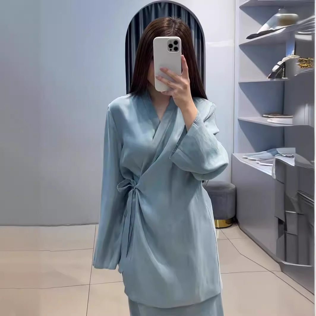 Relaxed Kimono Sleeve Sky Blue Glazed Forged Waist Pajama - Style Abaya Dress Set. (MA209) - Mariam's Collection