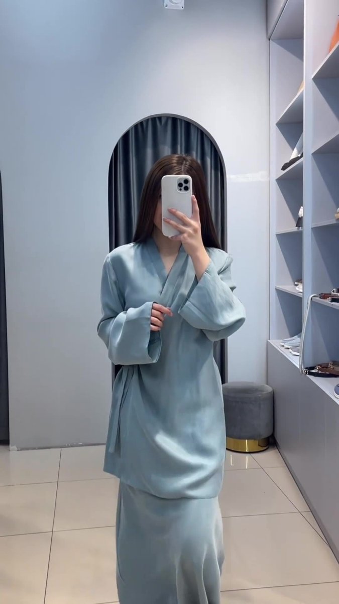 Relaxed Kimono Sleeve Sky Blue Glazed Forged Waist Pajama - Style Abaya Dress Set. (MA209) - Mariam's Collection