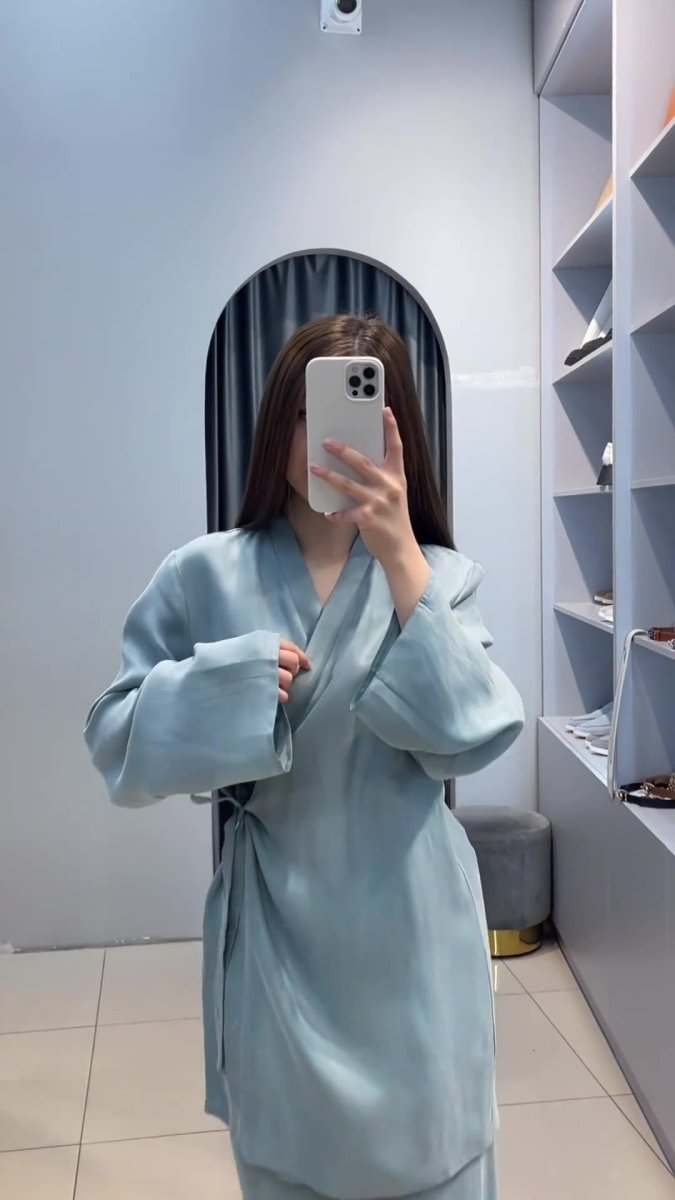 Relaxed Kimono Sleeve Sky Blue Glazed Forged Waist Pajama - Style Abaya Dress Set. (MA209) - Mariam's Collection