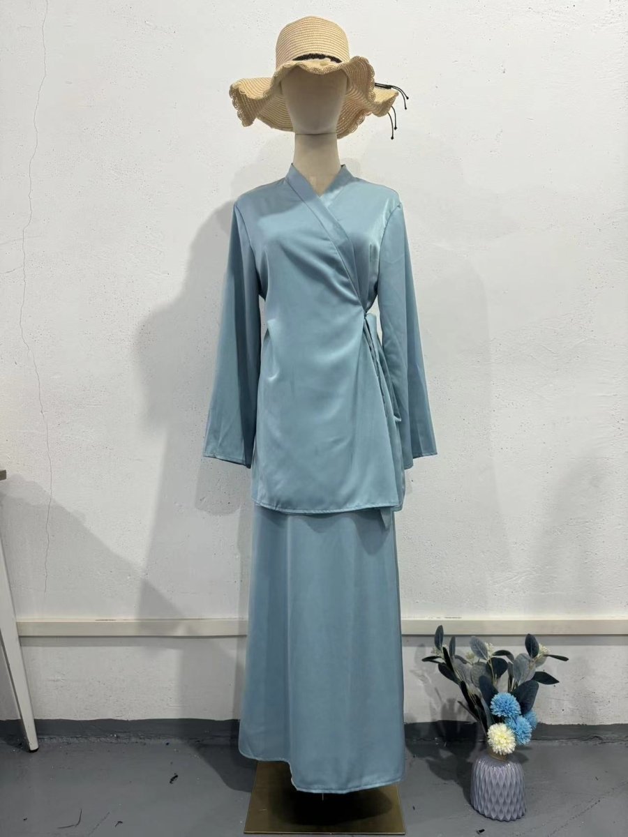 Relaxed Kimono Sleeve Sky Blue Glazed Forged Waist Pajama - Style Abaya Dress Set. (MA209) - Mariam's Collection