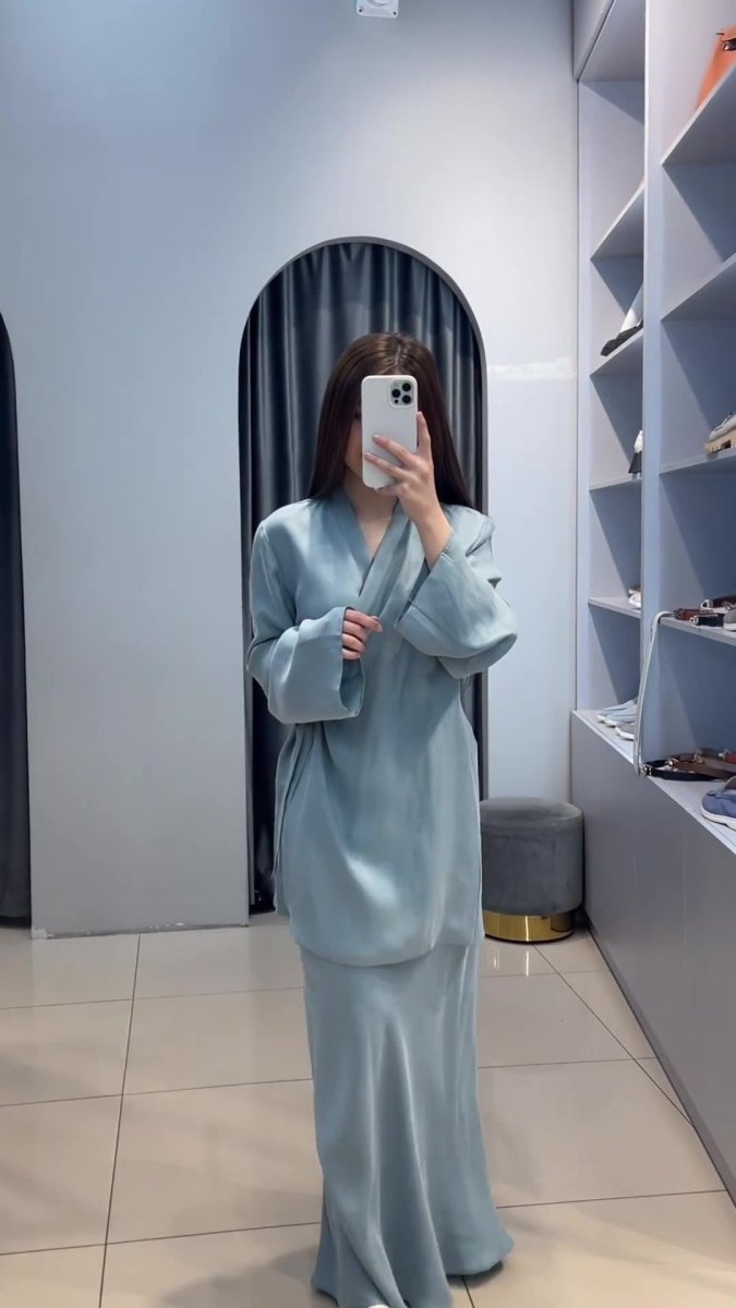 Relaxed Kimono Sleeve Sky Blue Glazed Forged Waist Pajama - Style Abaya Dress Set. (MA209) - Mariam's Collection