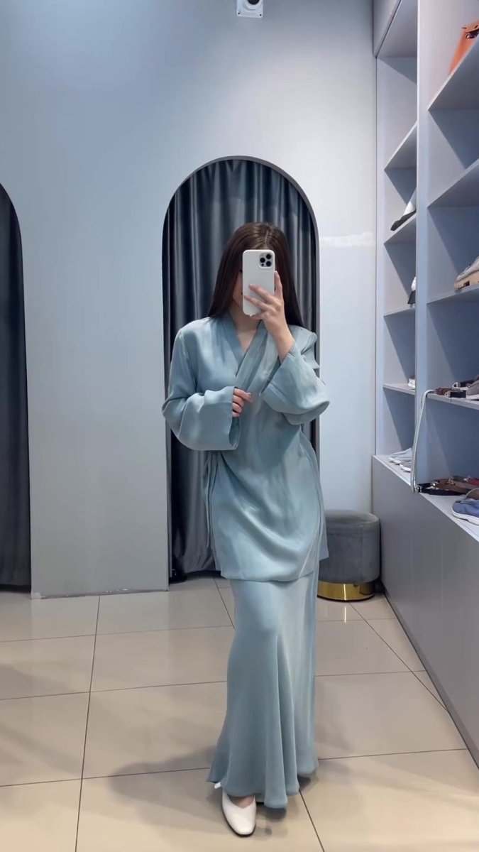 Relaxed Kimono Sleeve Sky Blue Glazed Forged Waist Pajama - Style Abaya Dress Set. (MA209) - Mariam's Collection