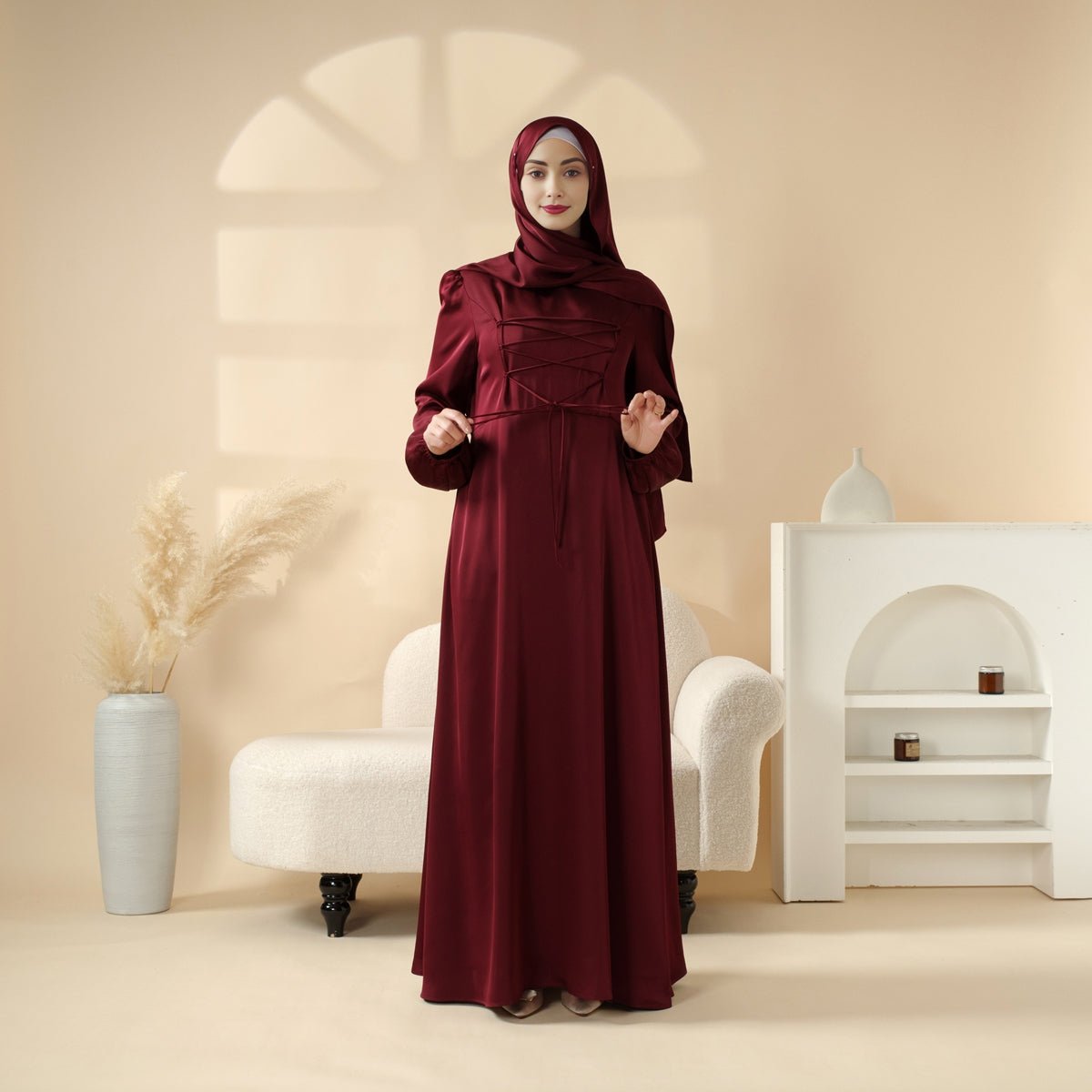 Removable Cross - Front Straps Design Premium Satin Dress Abaya (MA133) - Mariam's Collection