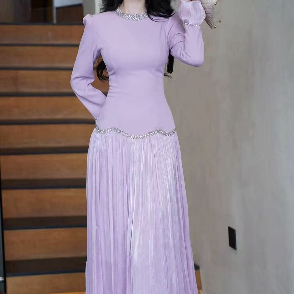 Rhinestone High-Neck Evening Gown | Elegant Defined-Waist Maxi Dress(MS579) - Mariam's Collection