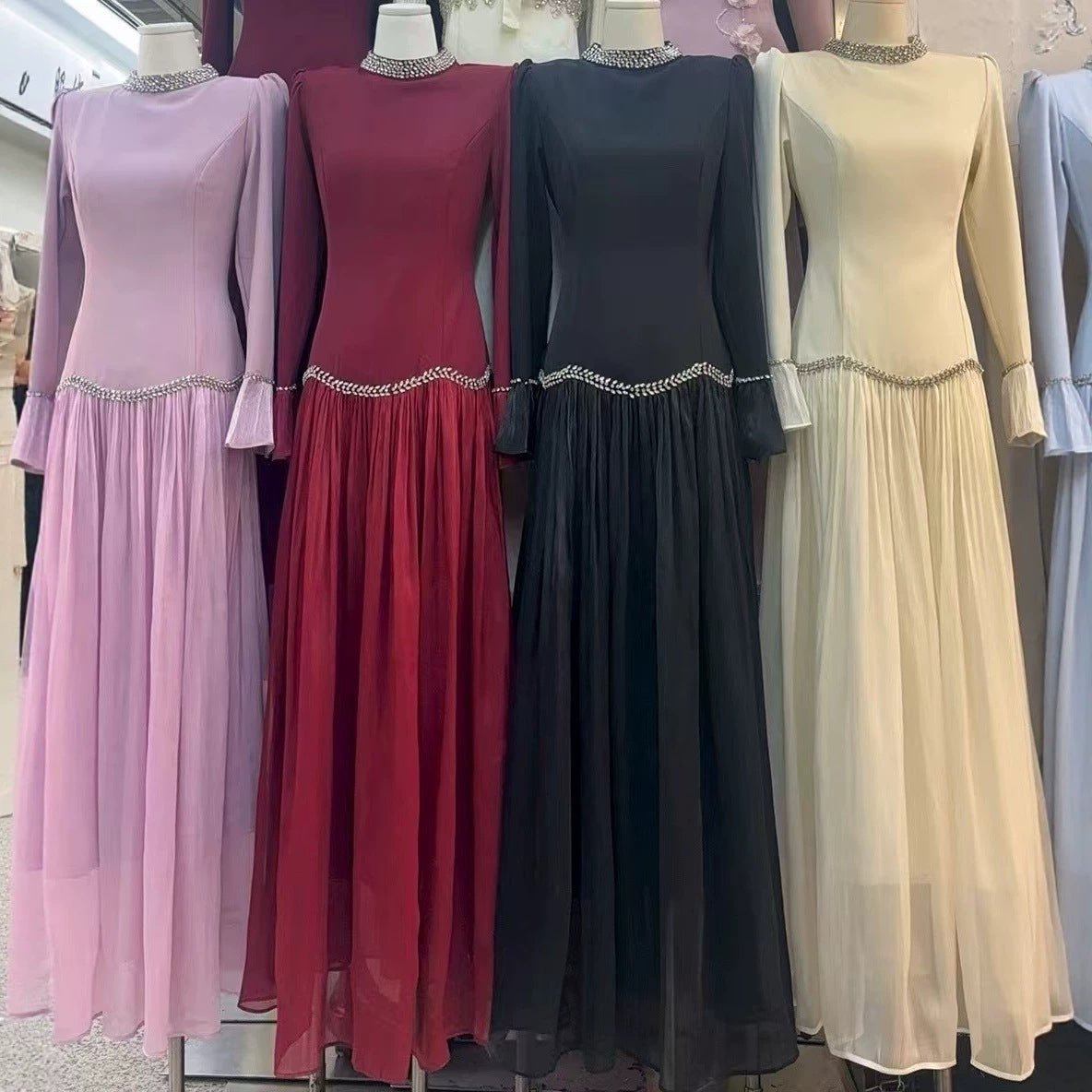 Rhinestone High-Neck Evening Gown | Elegant Defined-Waist Maxi Dress(MS579) - Mariam's Collection