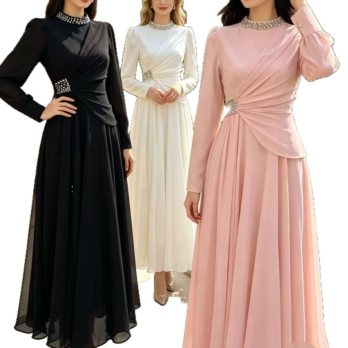 Rhinestone High-Neck Evening Maxi Dress | Ruched-Waist Long-Sleeve Gown(MS567) - Mariam's Collection