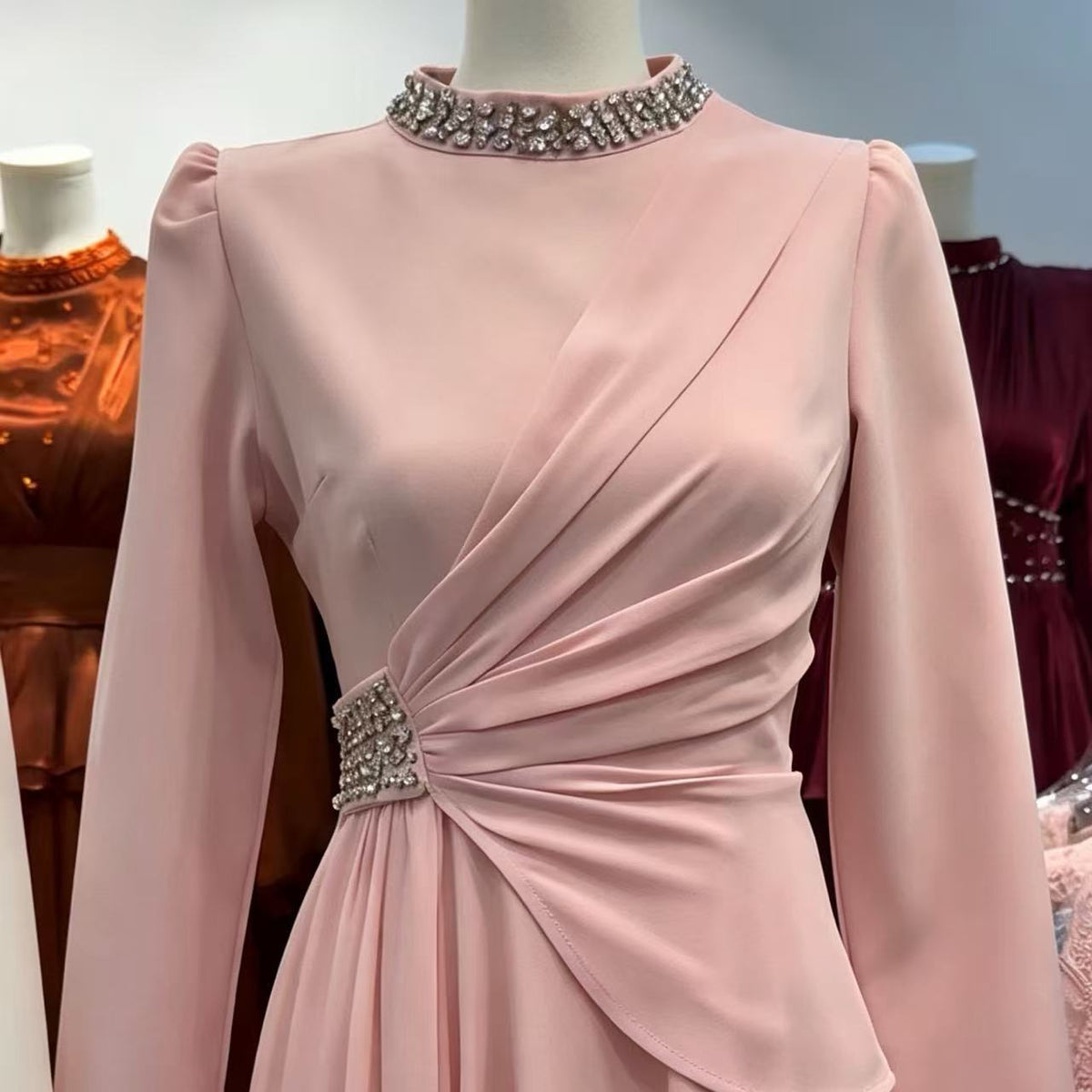 Rhinestone High-Neck Evening Maxi Dress | Ruched-Waist Long-Sleeve Gown(MS567) - Mariam's Collection
