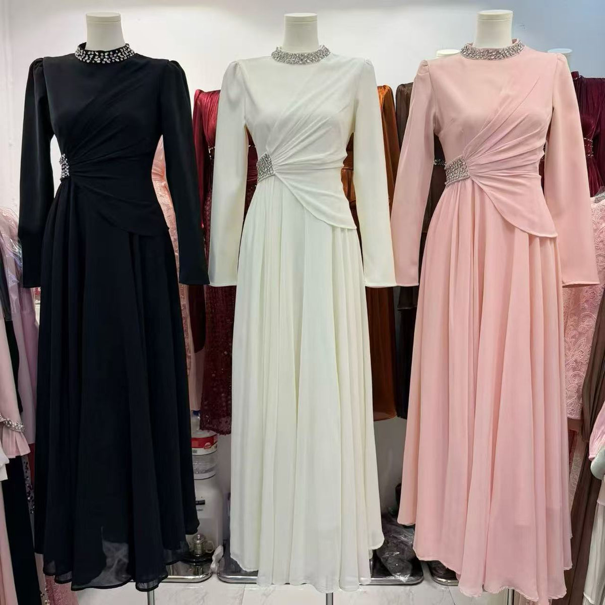 Rhinestone High-Neck Evening Maxi Dress | Ruched-Waist Long-Sleeve Gown(MS567) - Mariam's Collection
