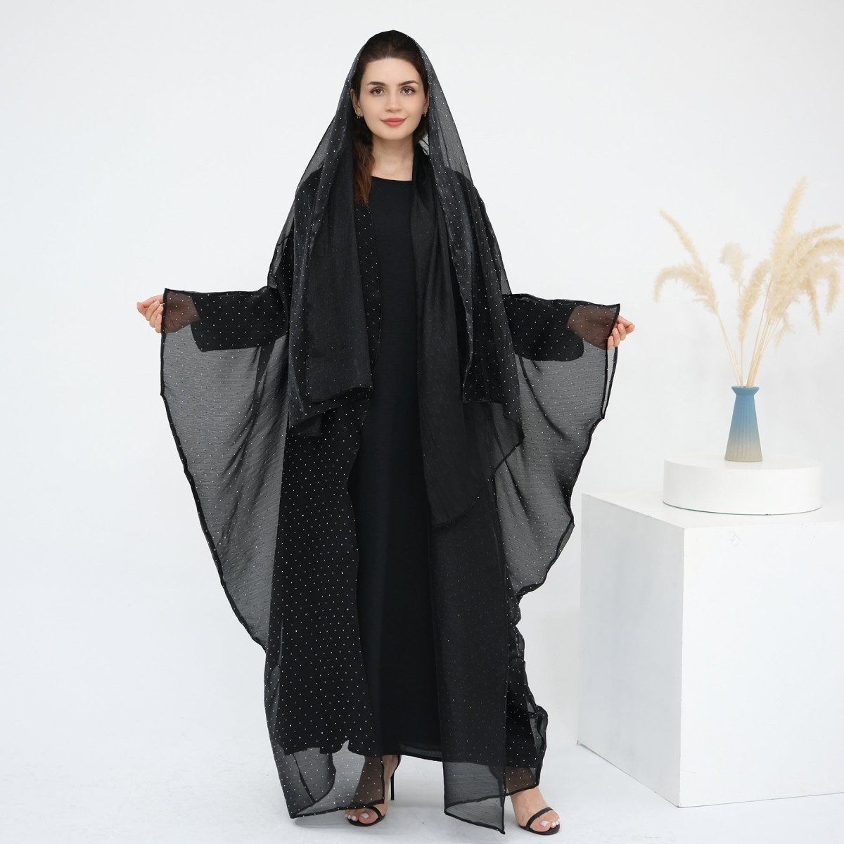 Rhinestone Ice Crinkle Batwing Sleeve Abaya Set(MOA237) - Mariam's Collection
