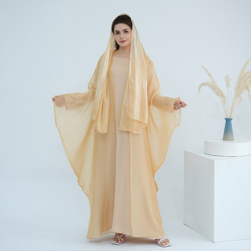 Rhinestone Ice Crinkle Batwing Sleeve Abaya Set(MOA237) - Mariam's Collection