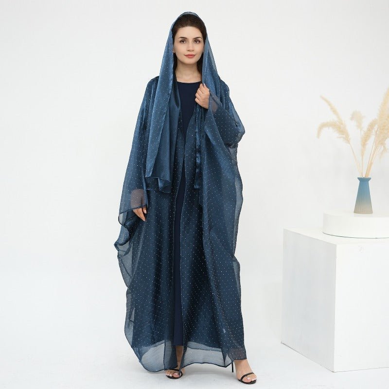 Rhinestone Ice Crinkle Batwing Sleeve Abaya Set(MOA237) - Mariam's Collection