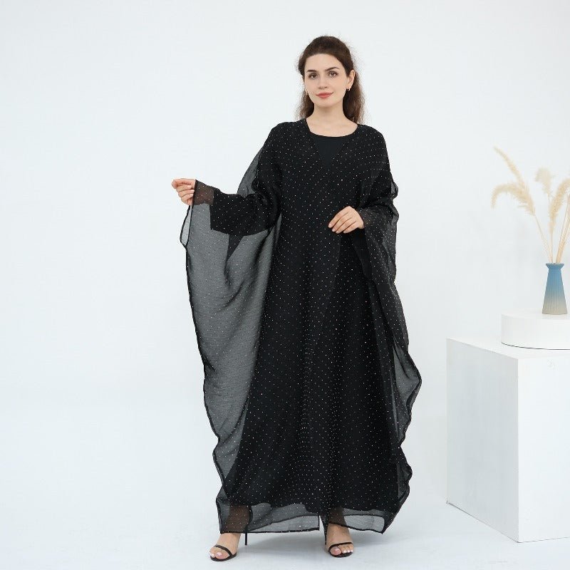 Rhinestone Ice Crinkle Batwing Sleeve Abaya Set(MOA237) - Mariam's Collection
