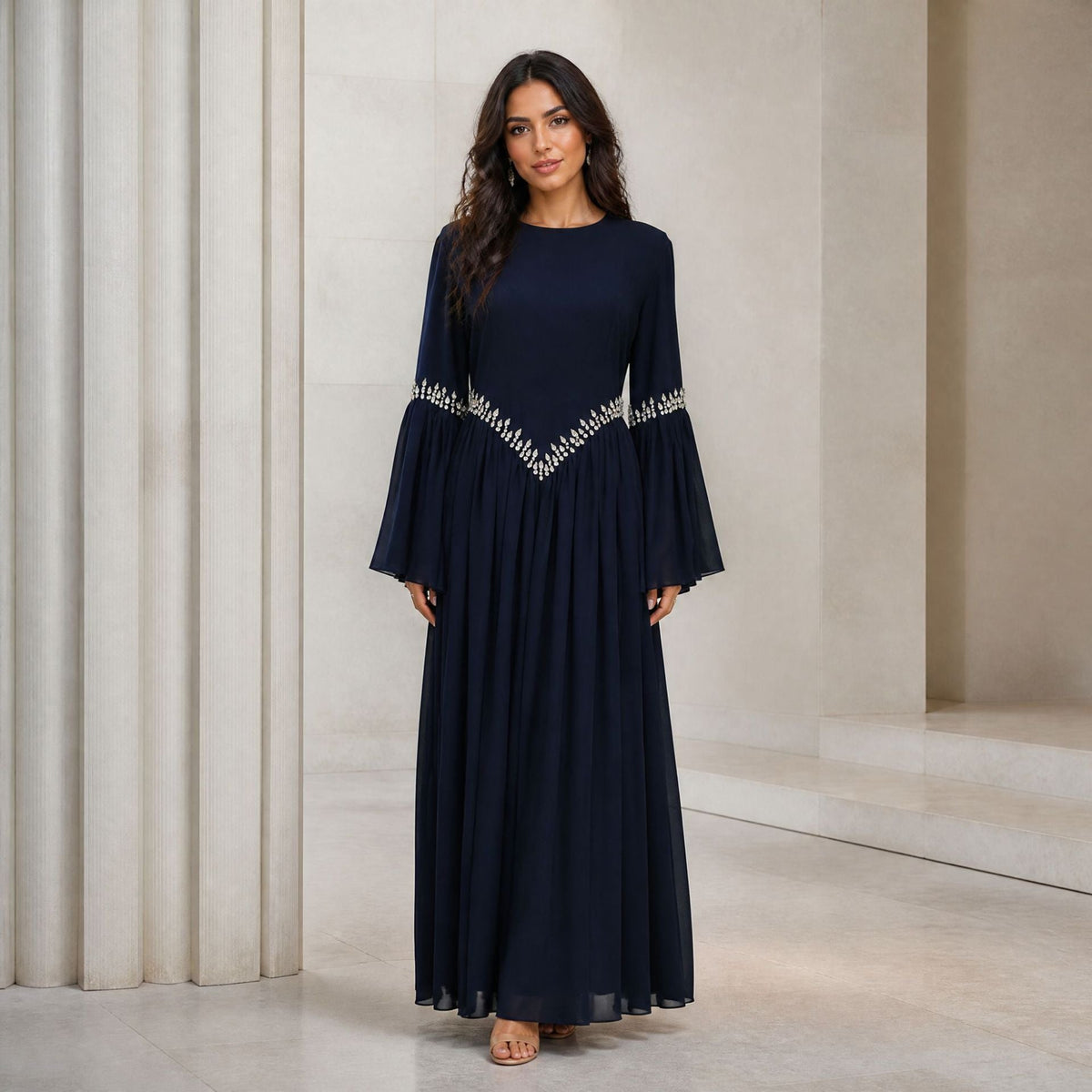 Rhinestone Waist & Cuff Flared Sleeve Maxi Dress(MS513) - Mariam's Collection