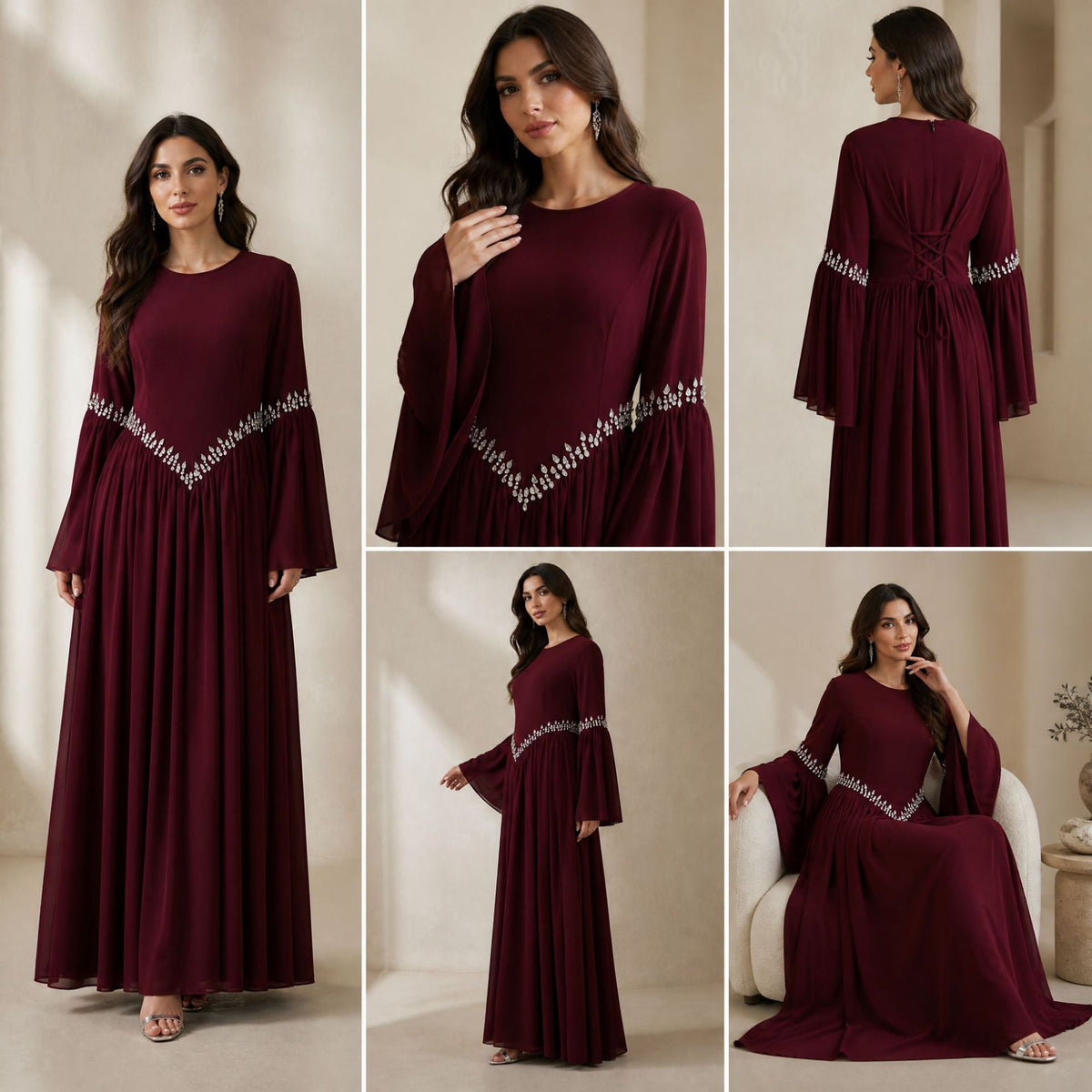 Rhinestone Waist & Cuff Flared Sleeve Maxi Dress(MS513) - Mariam's Collection