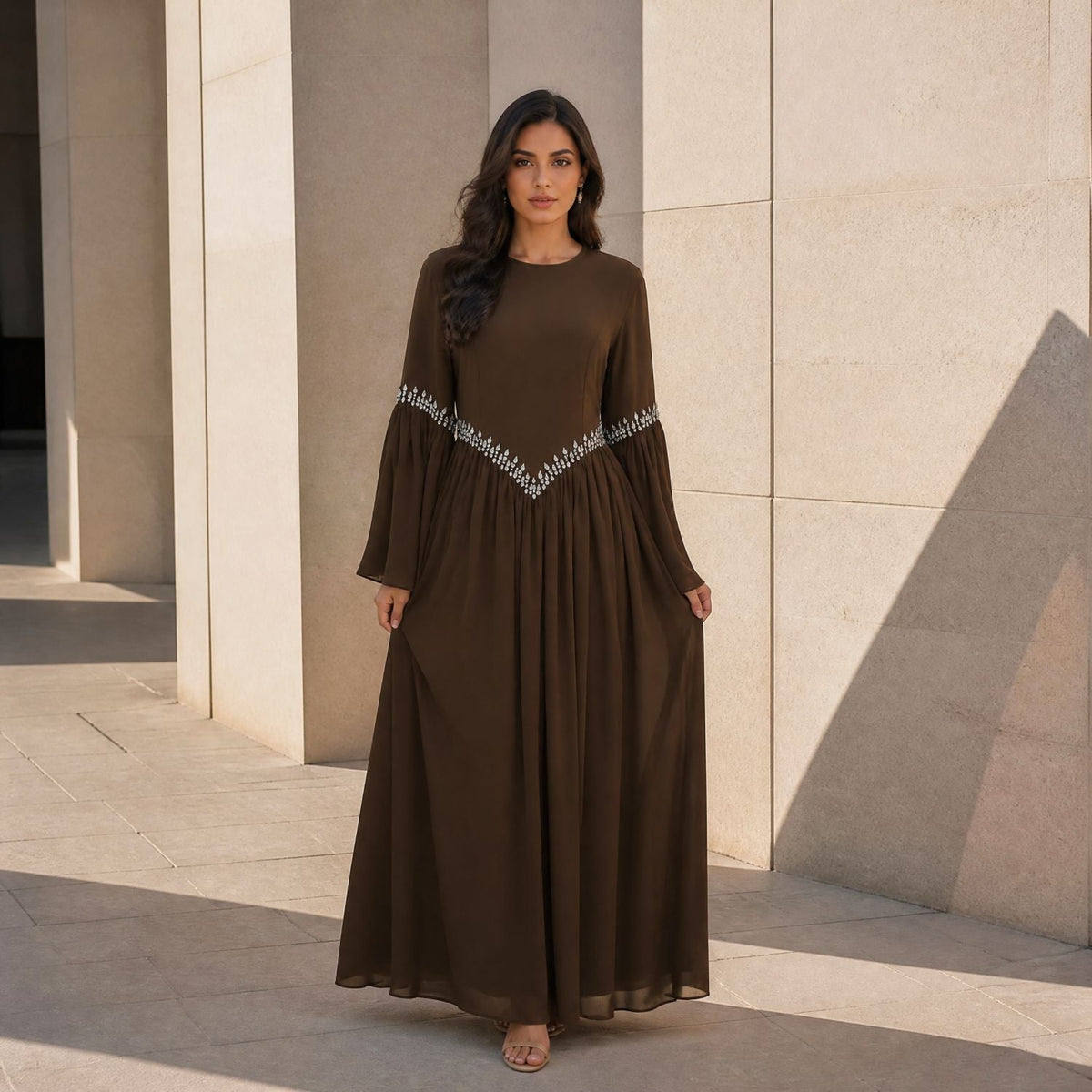 Rhinestone Waist & Cuff Flared Sleeve Maxi Dress(MS513) - Mariam's Collection